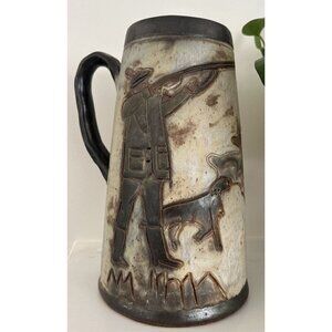 Studio Pottery Hand Thrown Stein Hunter Primitive Rustic Lodge Cabin Folk Signed